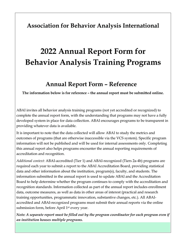 2022 Annual Report Form For Behavior Analysis Training Programs screenshot