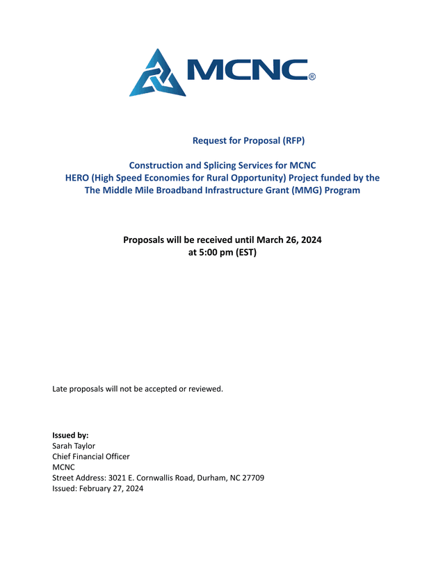 Request For Proposal (RFP)   Construction And Splicing Services For MCNC HERO Project screenshot