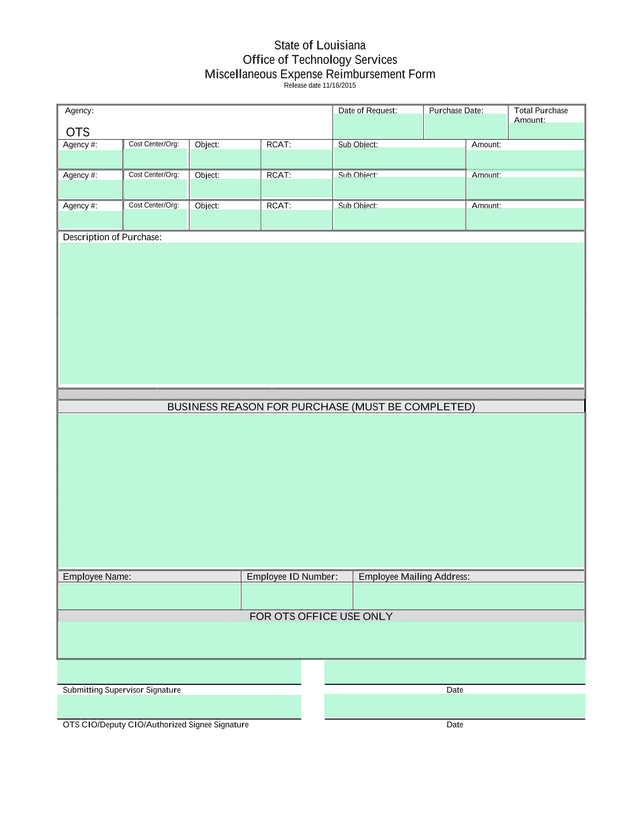Miscellaneous Expense Reimbursement Form screenshot