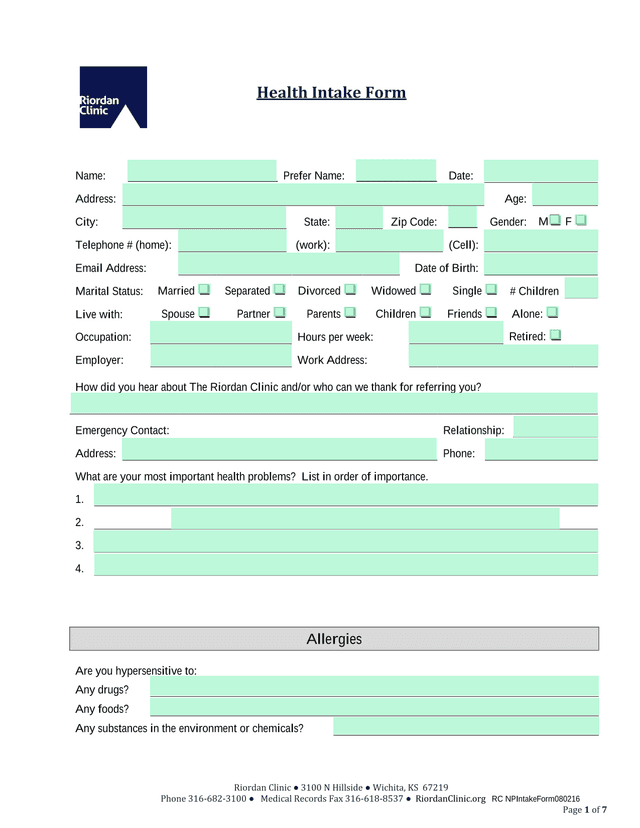 Health Intake Form screenshot