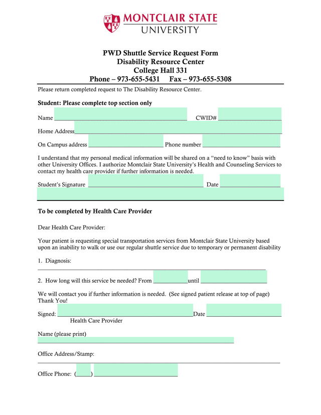 PWD Shuttle Service Request Form screenshot