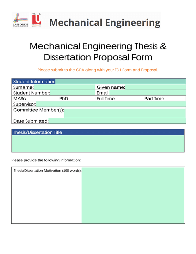 Mechanical Engineering Thesis  Dissertation Proposal Form screenshot