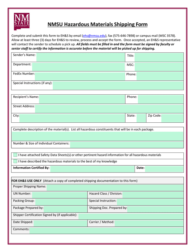 NMSU Hazardous Materials Shipping Form screenshot