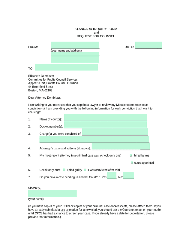 Standard Inquiry Form And Request For Counsel screenshot