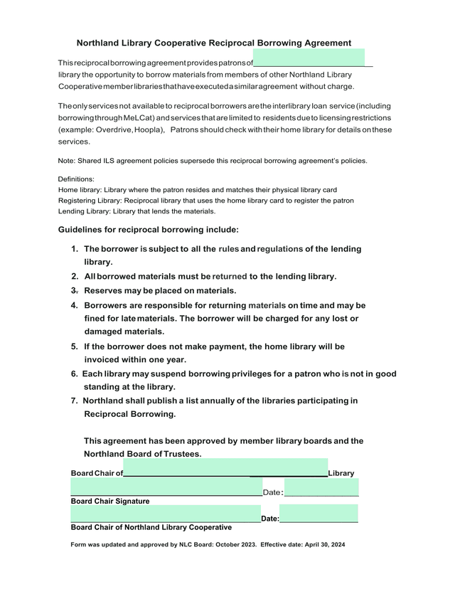 Northland Library Cooperative Reciprocal Borrowing Agreement screenshot