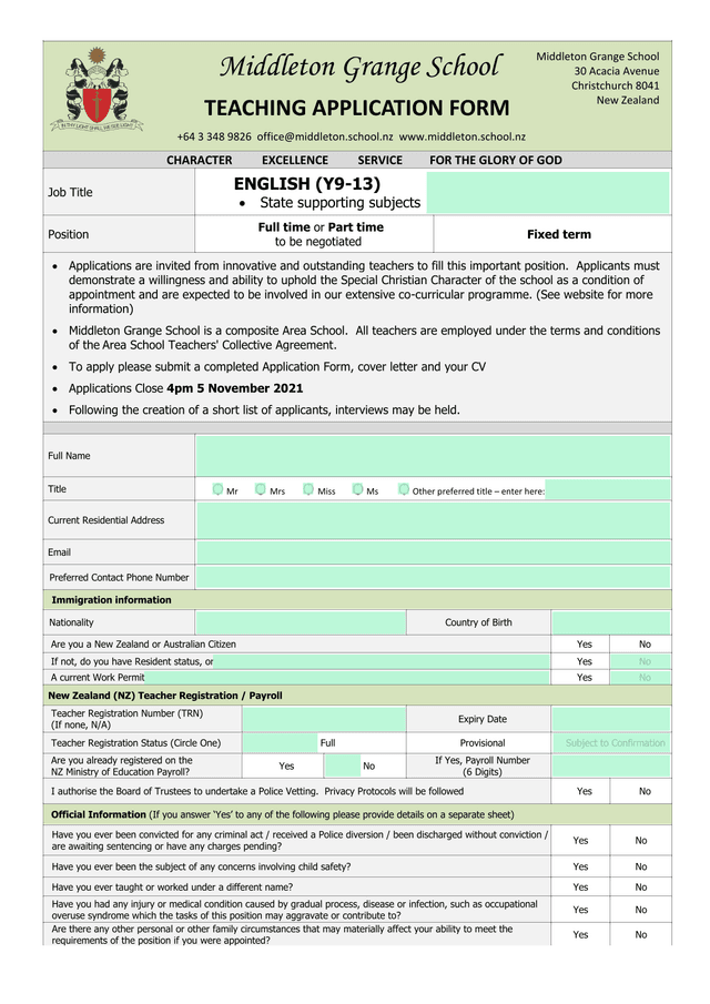 Middleton Grange School Job Application Form screenshot