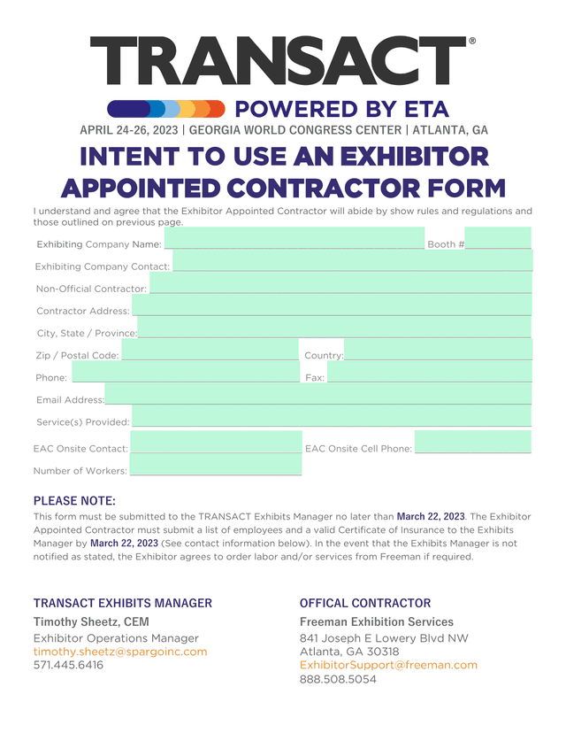 INTENT TO USE AN EXHIBITOR APPOINTED CONTRACTOR FORM screenshot