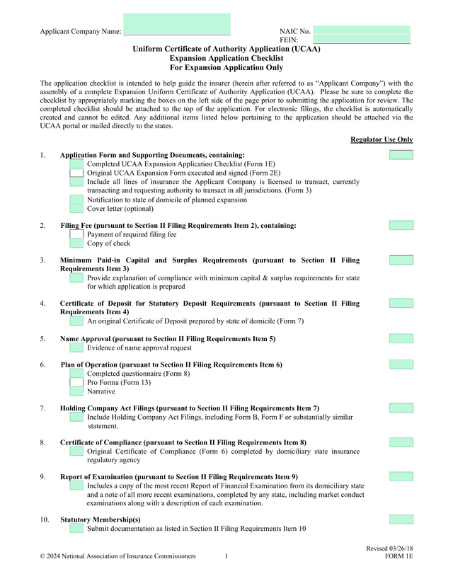 Uniform Certificate Of Authority Application (UCAA) Expansion Application Checklist screenshot