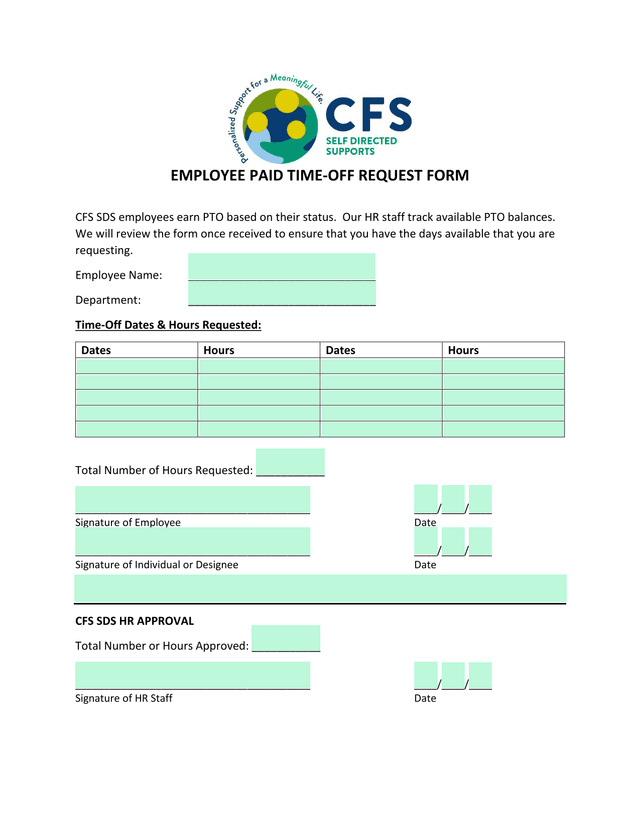 EMPLOYEE PAID TIME OFF REQUEST FORM screenshot