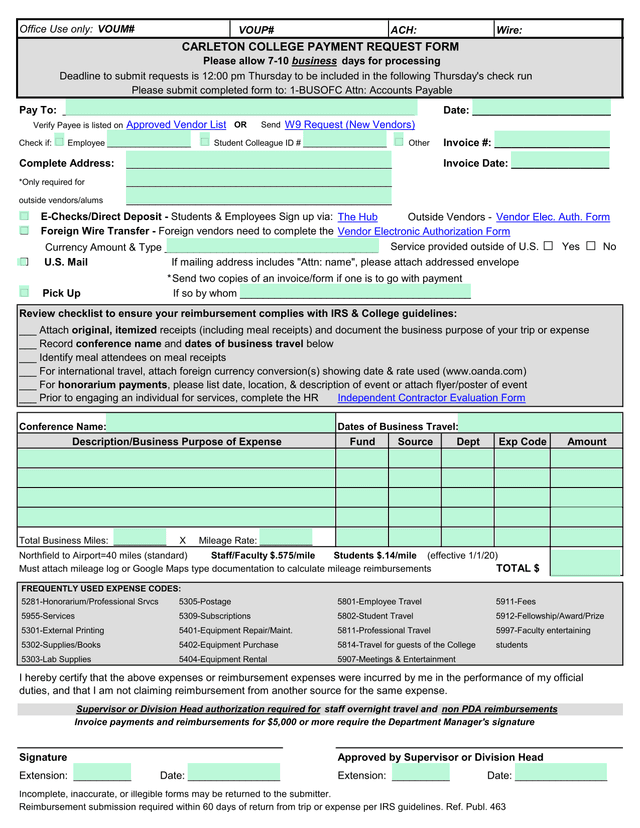 Reimbursement Request Form screenshot