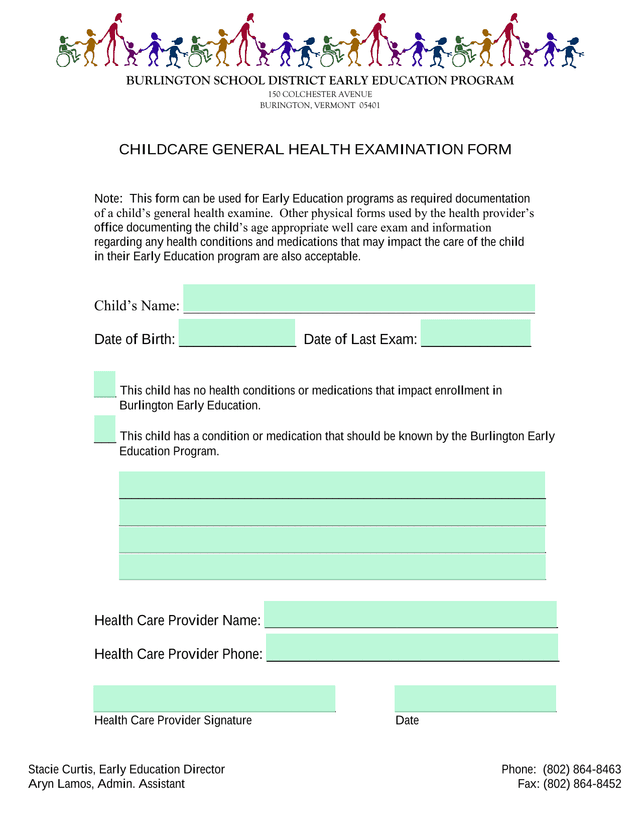 CHILDCARE GENERAL HEALTH EXAMINATION FORM screenshot