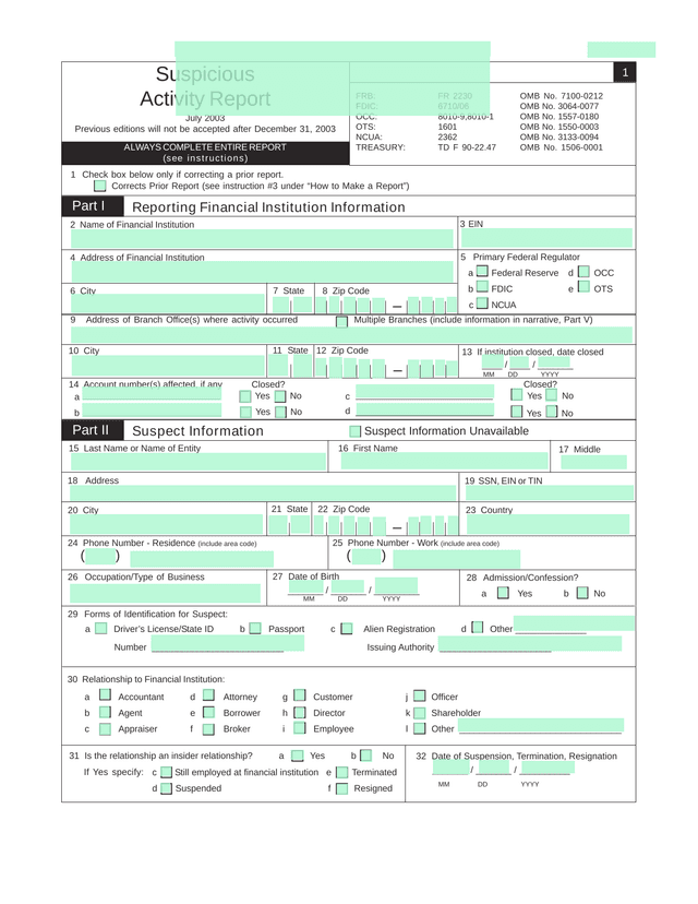 Suspicious Activity Report screenshot