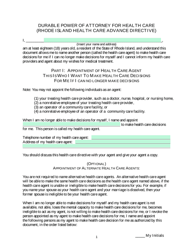 Durable Power Of Attorney For Health Care (Rhode Island Health Care Advance Directive) screenshot