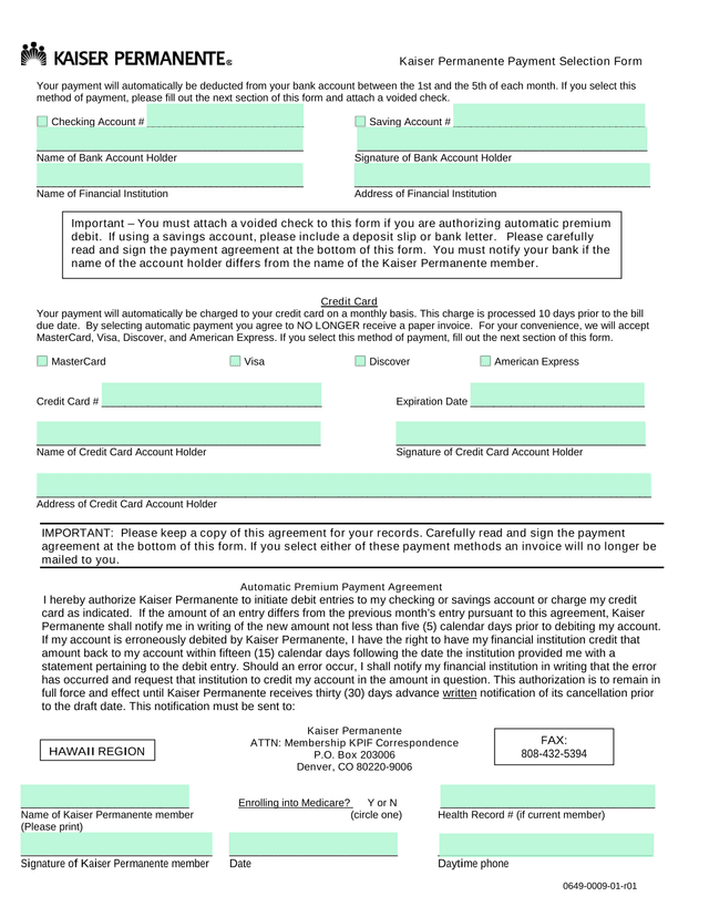 Kaiser Permanente Payment Selection Form screenshot