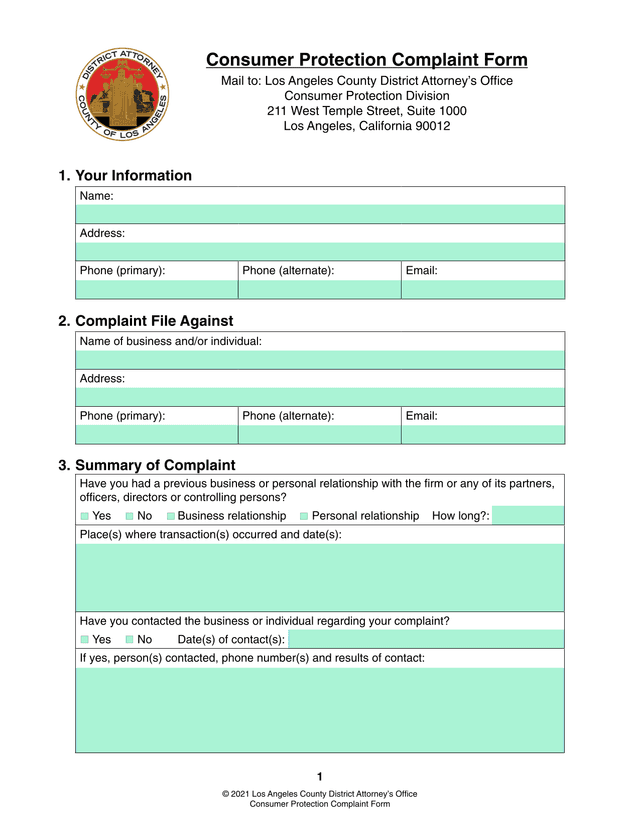 Consumer Protection Complaint Form screenshot