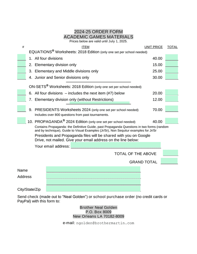 2024 25 Order Form Academic Games Materials screenshot