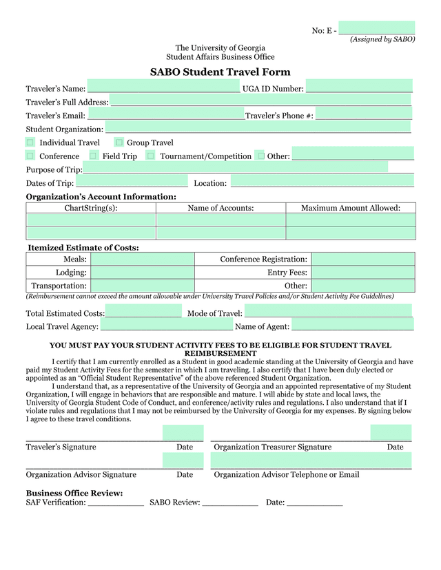 SABO Student Travel Form screenshot