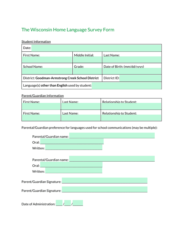 Wisconsin Home Language Survey Form screenshot