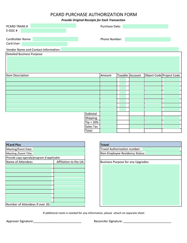 PCARD PURCHASE AUTHORIZATION FORM screenshot