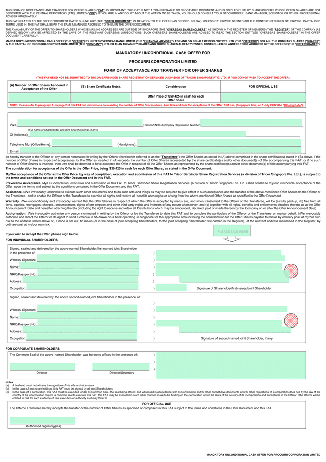 Form Of Acceptance And Transfer For Offer Shares screenshot