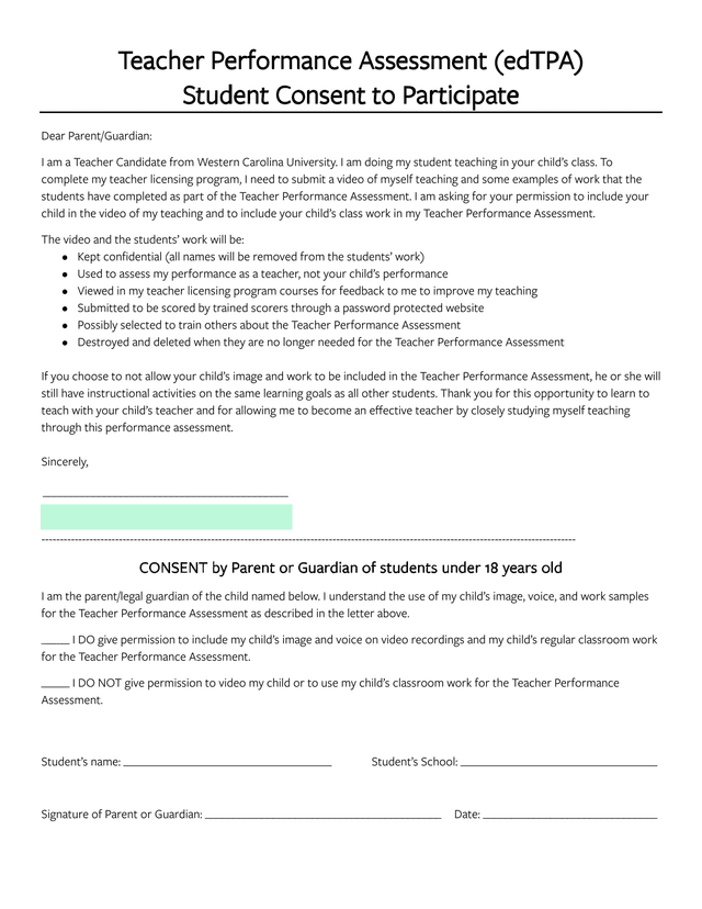 Teacher Performance Assessment (EdTPA) Student Consent To Participate screenshot