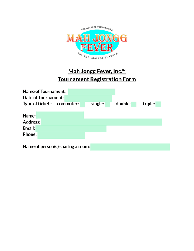 Mah Jongg Fever, Inc. Tournament Registration Form screenshot