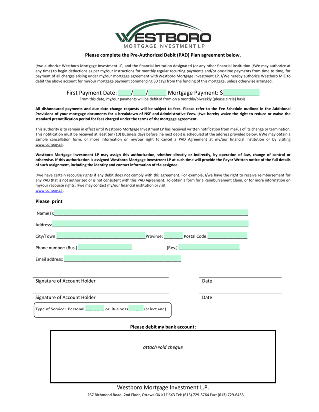 Pre Authorized Debit (PAD) Plan Agreement screenshot