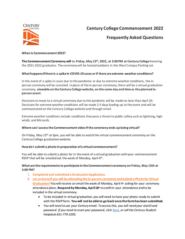 Century College Commencement 2022 Frequently Asked Questions screenshot