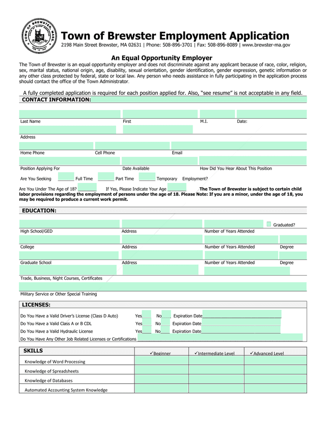 Town Of Brewster Employment Application screenshot
