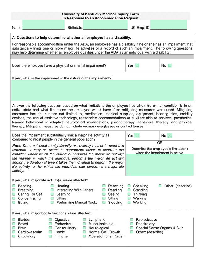 University Of Kentucky Medical Inquiry Form In Response To An Accommodation Request screenshot