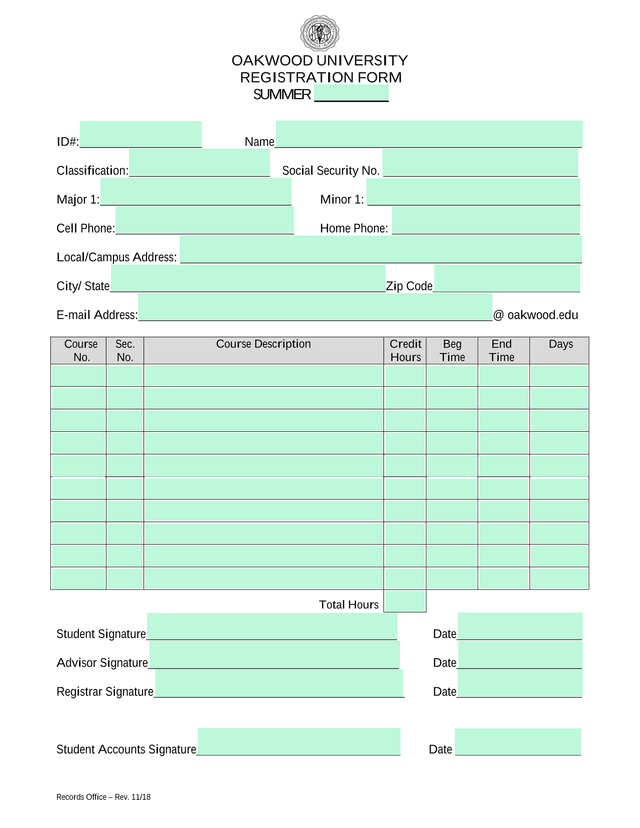 OAKWOOD UNIVERSITY REGISTRATION FORM screenshot