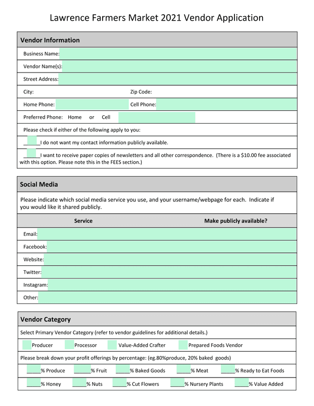 Lawrence Farmers Market 2021 Vendor Application screenshot