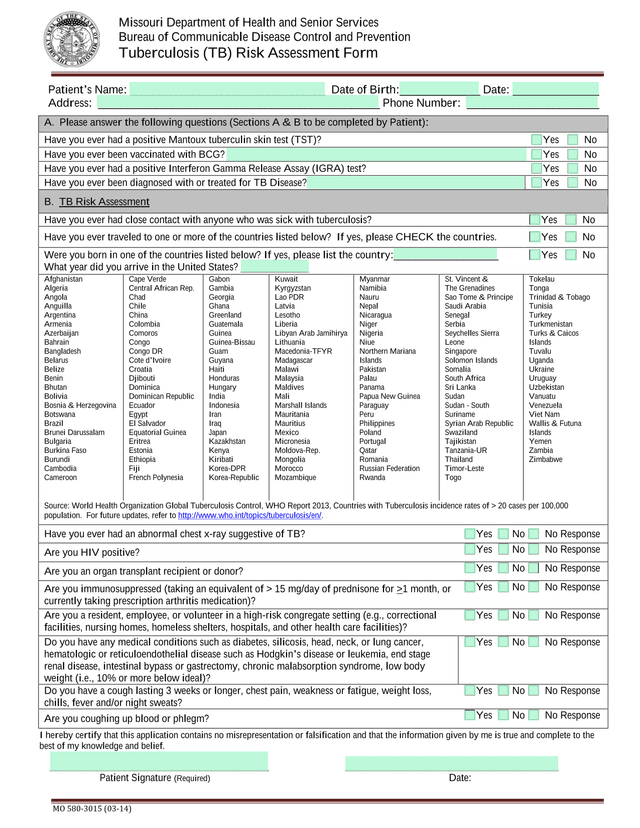 Tuberculosis (TB) Risk Assessment Form screenshot