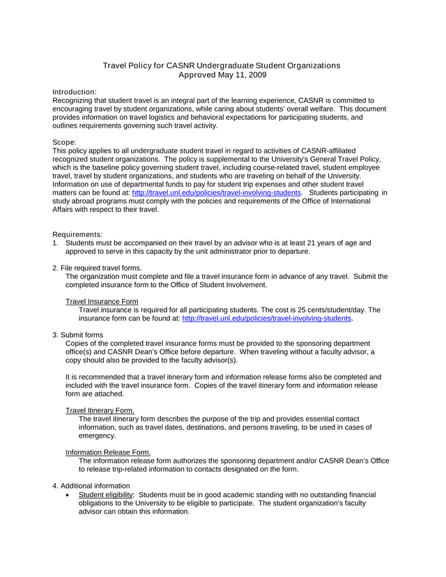 Travel Policy For CASNR Undergraduate Student Organizations screenshot
