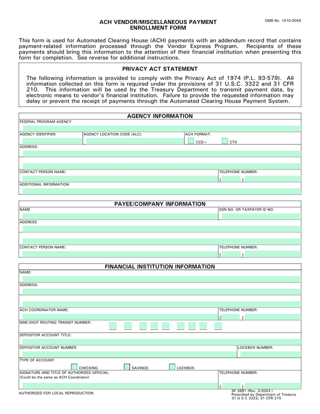 ACH VENDORMISCELLANEOUS PAYMENT ENROLLMENT FORM screenshot