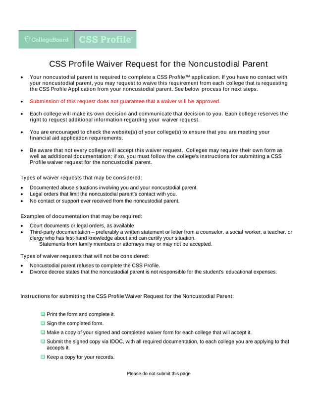 CSS Profile Waiver Request For The Noncustodial Parent screenshot