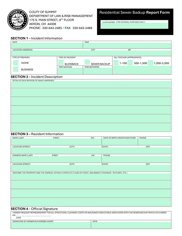 Residential Sewer Backup Report Form screenshot