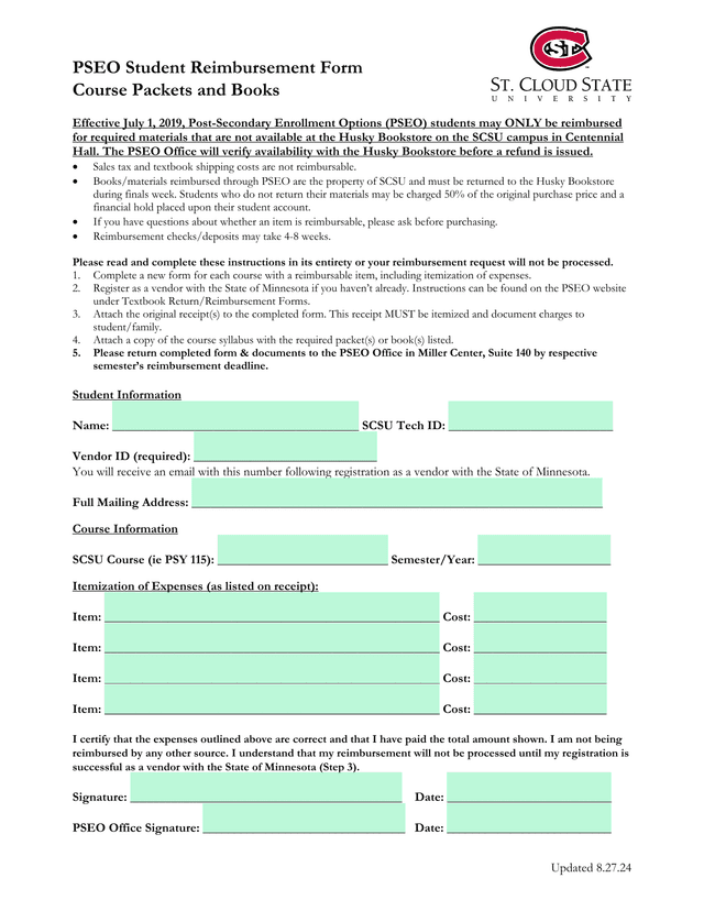 PSEO Student Reimbursement Form screenshot