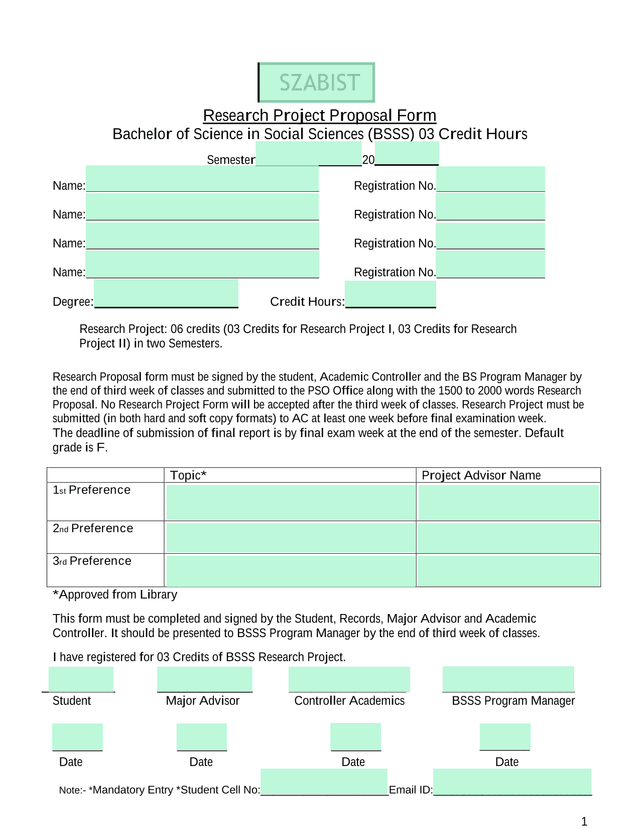 Research Project Proposal Form screenshot
