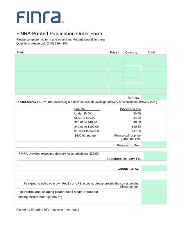 FINRA Printed Publication Order Form screenshot