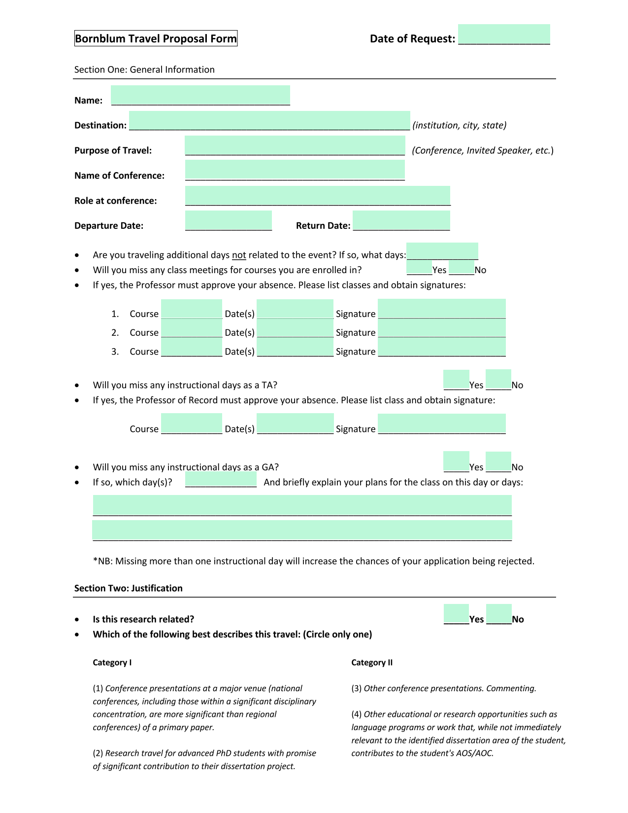 Bornblum Travel Proposal Form screenshot