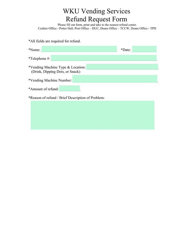 WKU Vending Services Refund Request Form screenshot