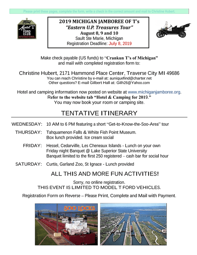 2019 MICHIGAN JAMBOREE OF TS Eastern U.P. Treasures Tour REGISTRATION FORM screenshot