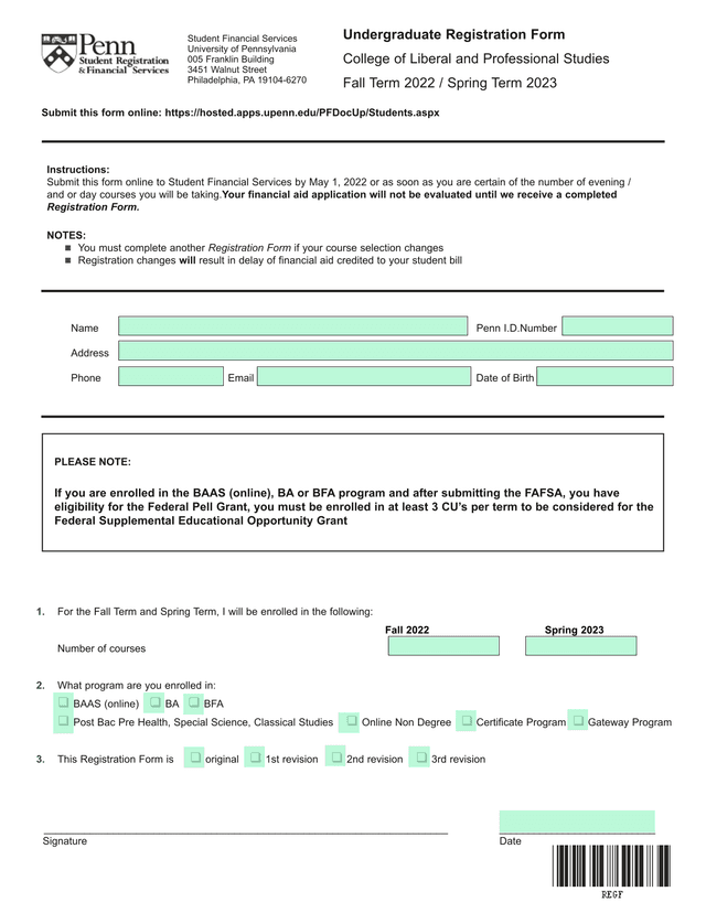 Undergraduate Registration Form screenshot