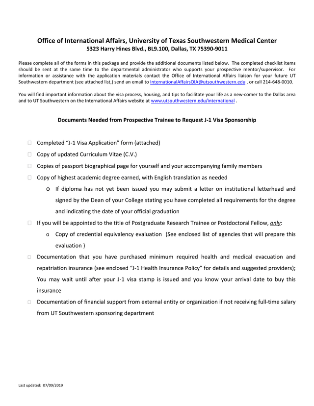 J 1 Visa Application For Prospective UTSW International Visitor screenshot