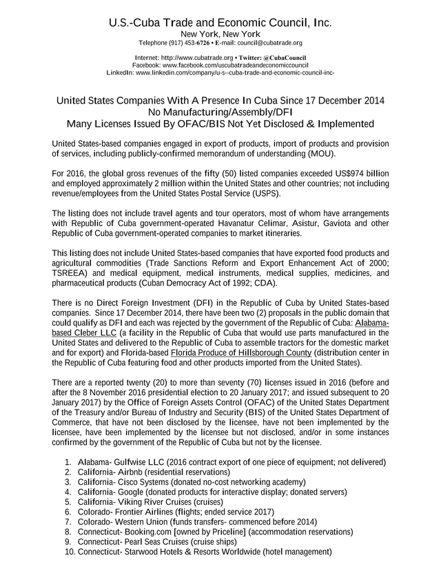 United States Companies With A Presence In Cuba Since 17 December 2014 screenshot