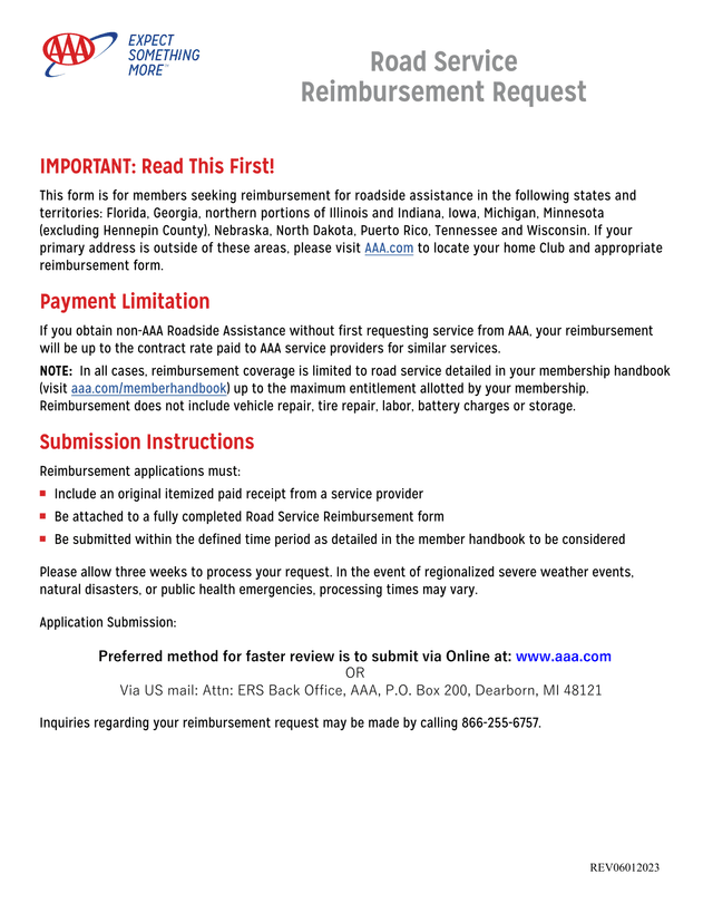 Road Service Reimbursement Request screenshot