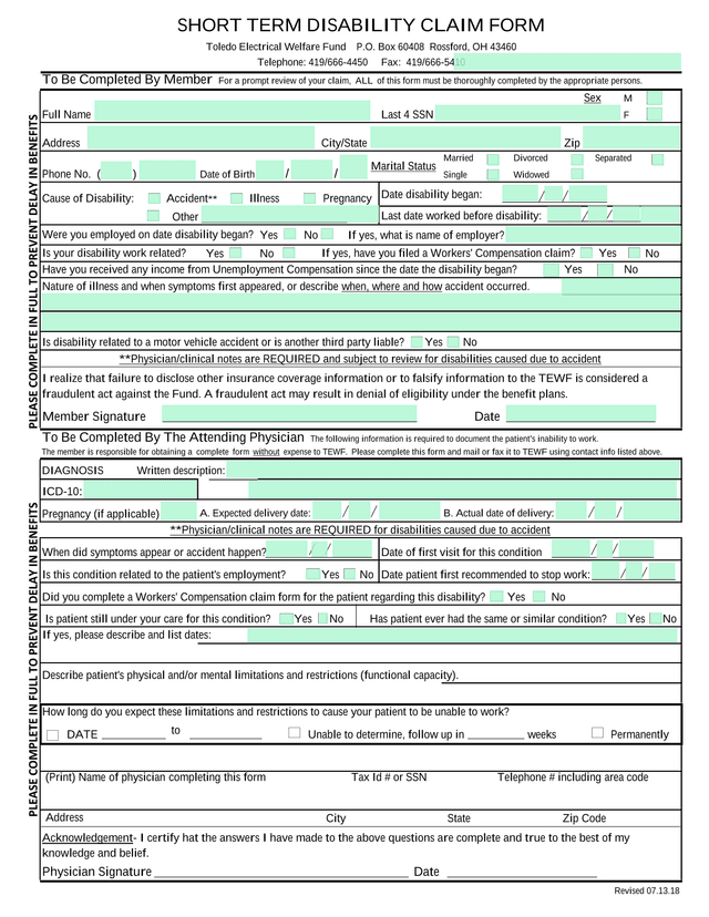 Short Term Disability Claim Form screenshot