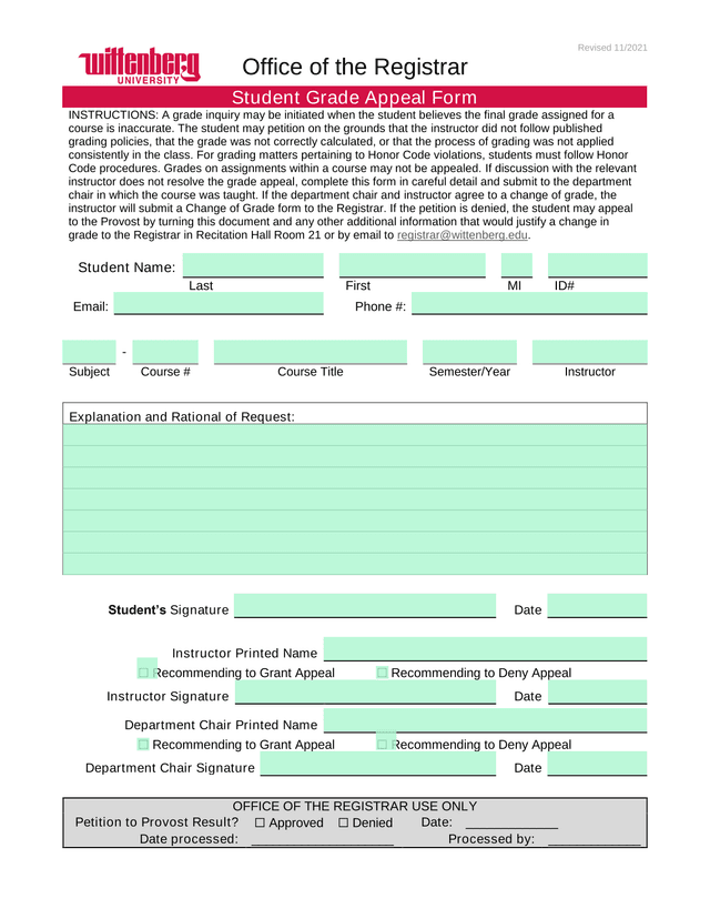Student Grade Appeal Form screenshot