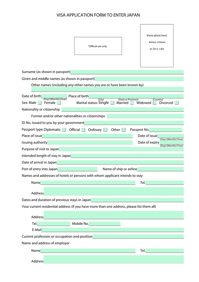 VISA APPLICATION FORM TO ENTER JAPAN screenshot
